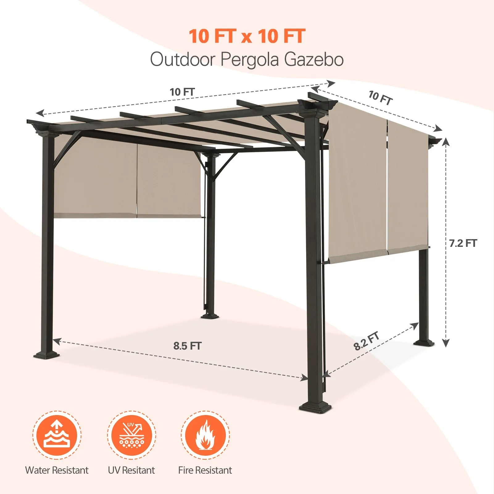 10 Ft x 10 Ft Metal Pergola with Polyester Top