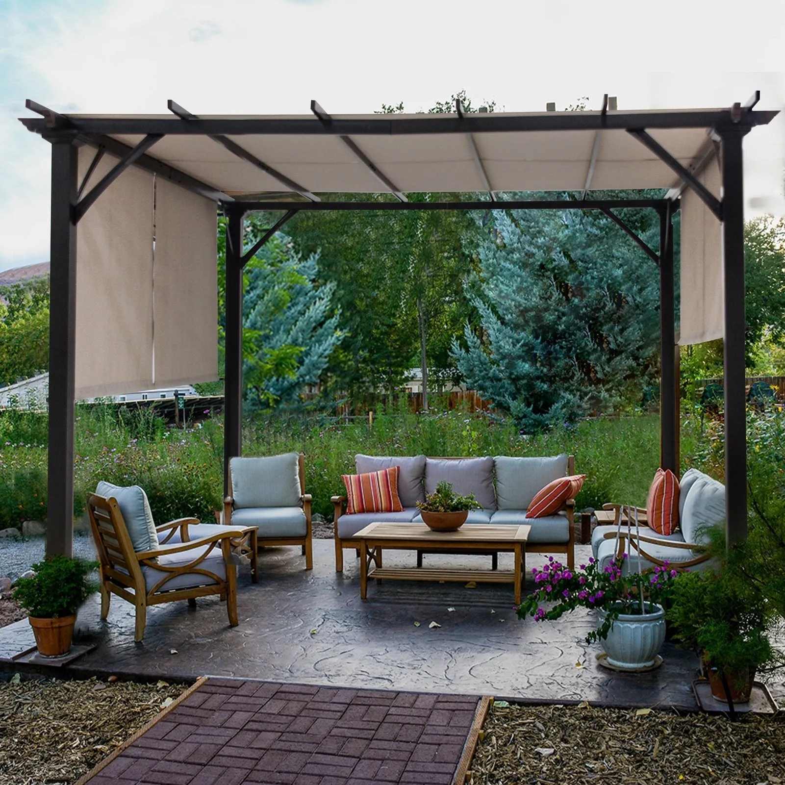 10 Ft x 10 Ft Metal Pergola with Polyester Top