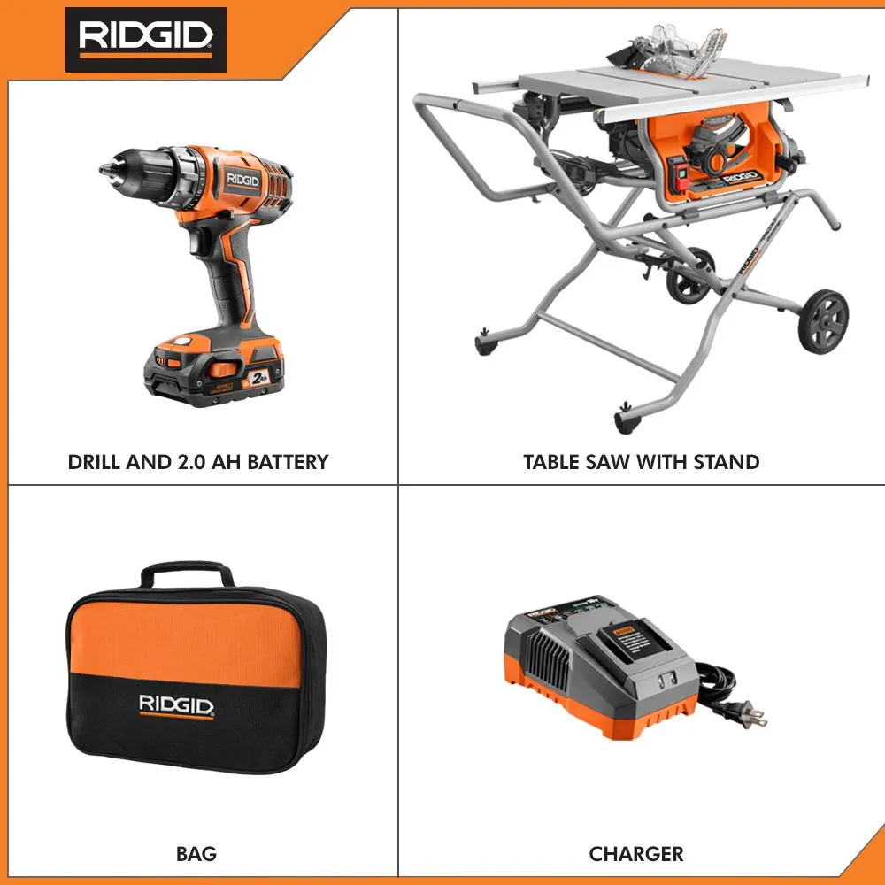 10 in. Pro Jobsite Table Saw with Stand and 18-Volt Cordless Drill/Driver Kit with (1) 2.0 Ah Battery, Charger, Tool Bag