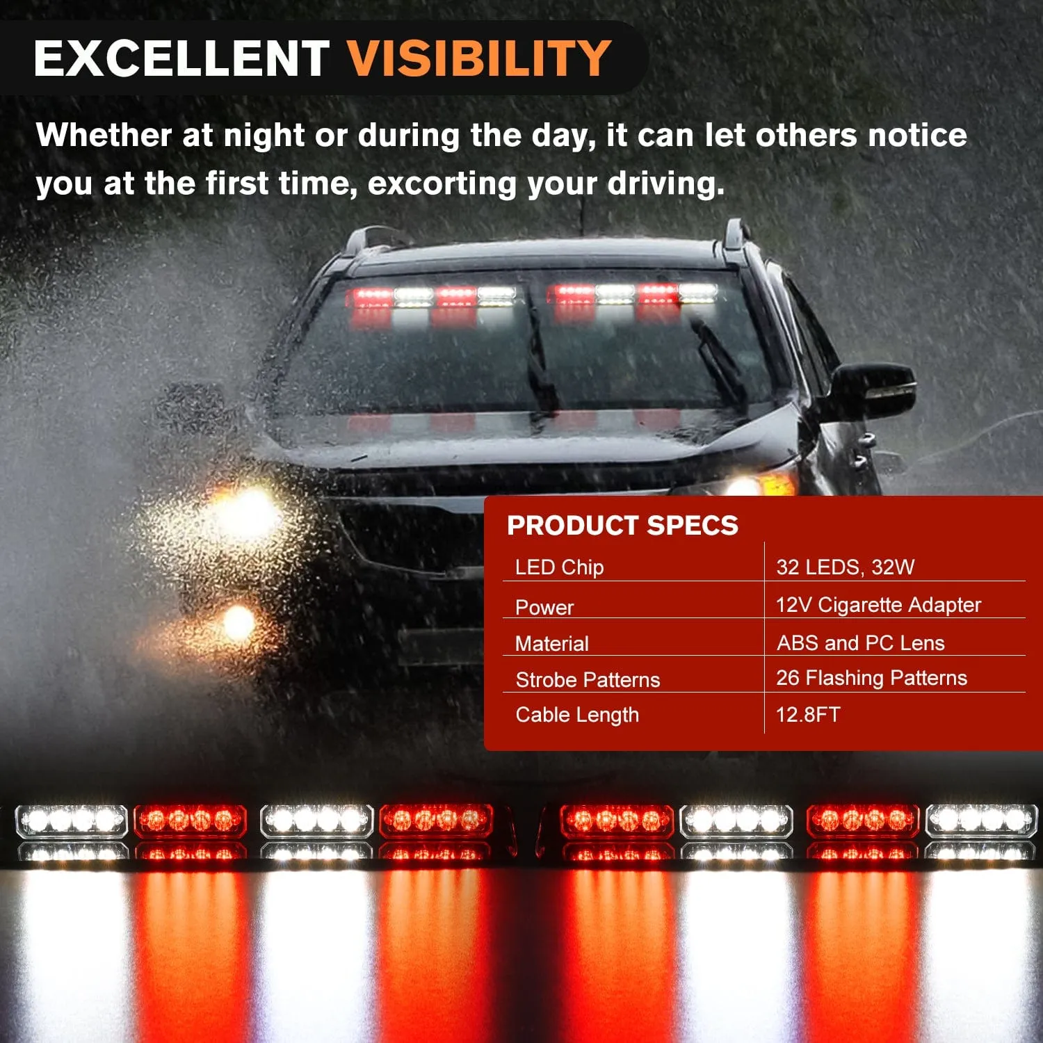 32LED Red White Emergency Dash Strobe Lights with Controller Suction Cups