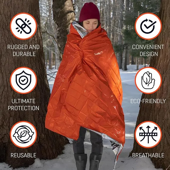 4 Pack Emergency Mylar Thermal Blankets Orange Foil Space Blanket for Outdoor Hiking Camping Shelter Car First Aid Travel Gear Equipment Survival Kit, B04-O, Full