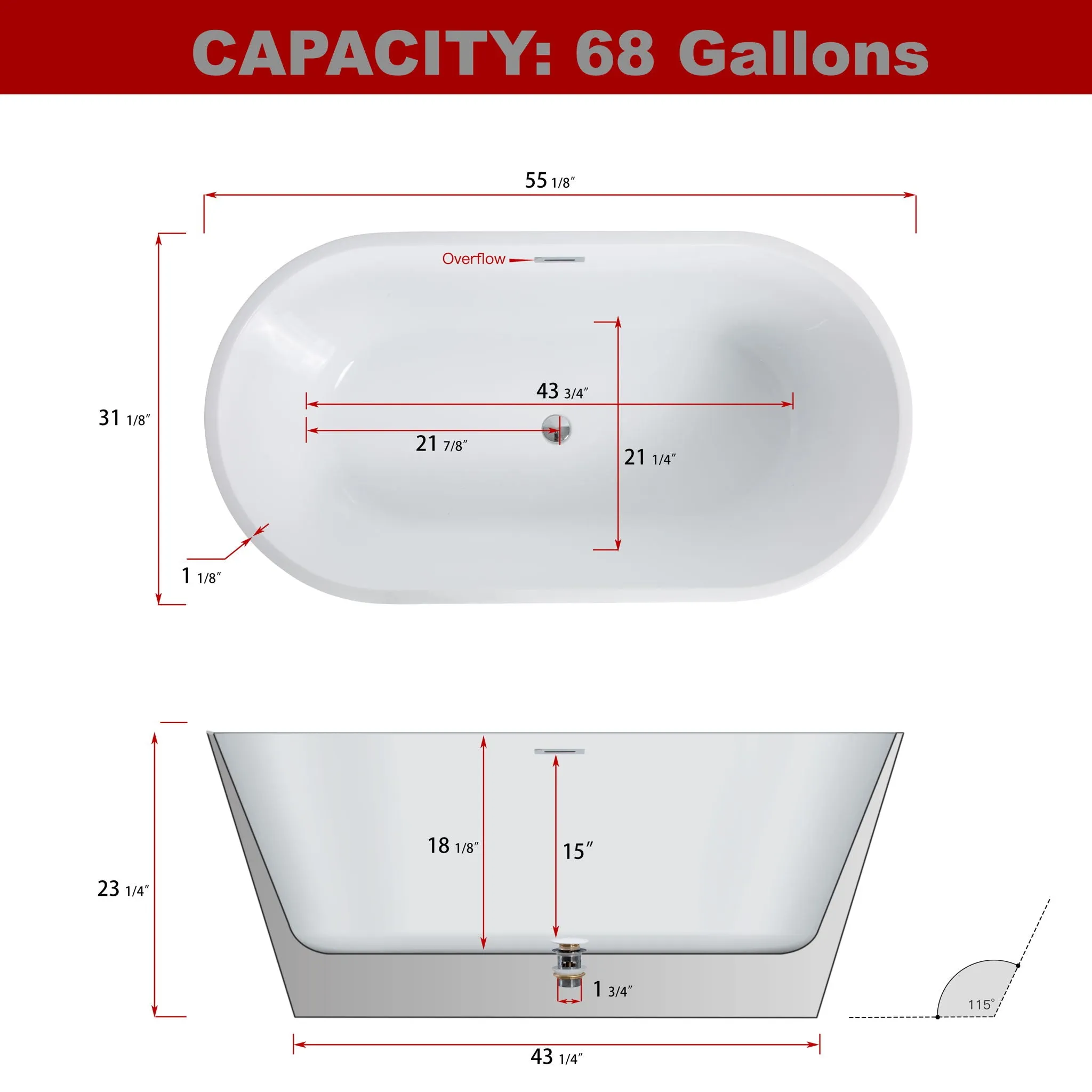 55.12" x 31.1" Acrylic Freestanding Bathtub, Contemporary Soaking Tub With Chrome Overflow And Drain I Cupc Certified For Quality Assurance, 22A02-55 - Glossy White by Couch.com
