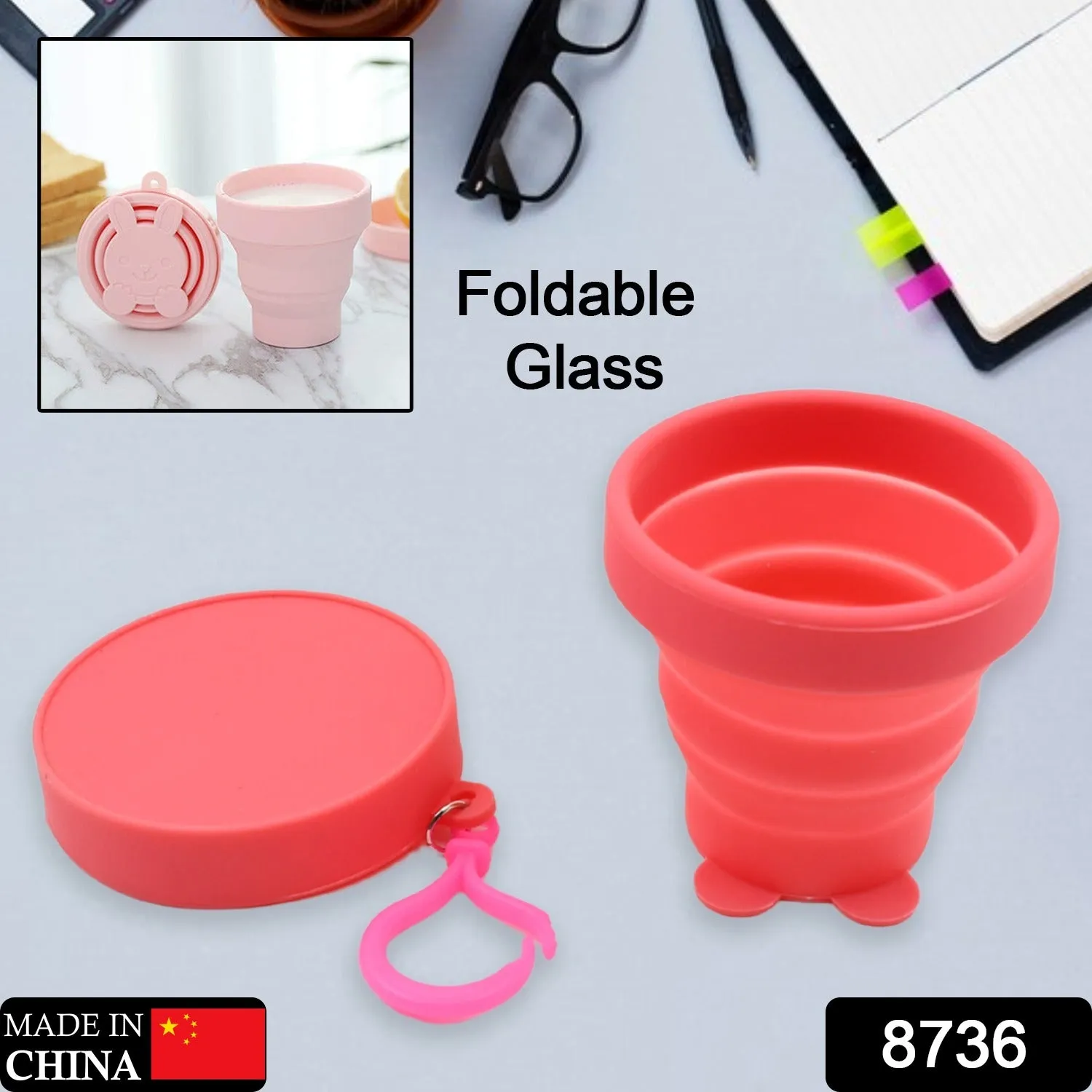 Reusable Folding Silicone Tumbler / Glass / Cup, Folding Cups with Reusable Lid, Silicone Folding Cup with Clip Hook Folding Travel Cup Bag for Travel, Camping, Sports (1 Pc)