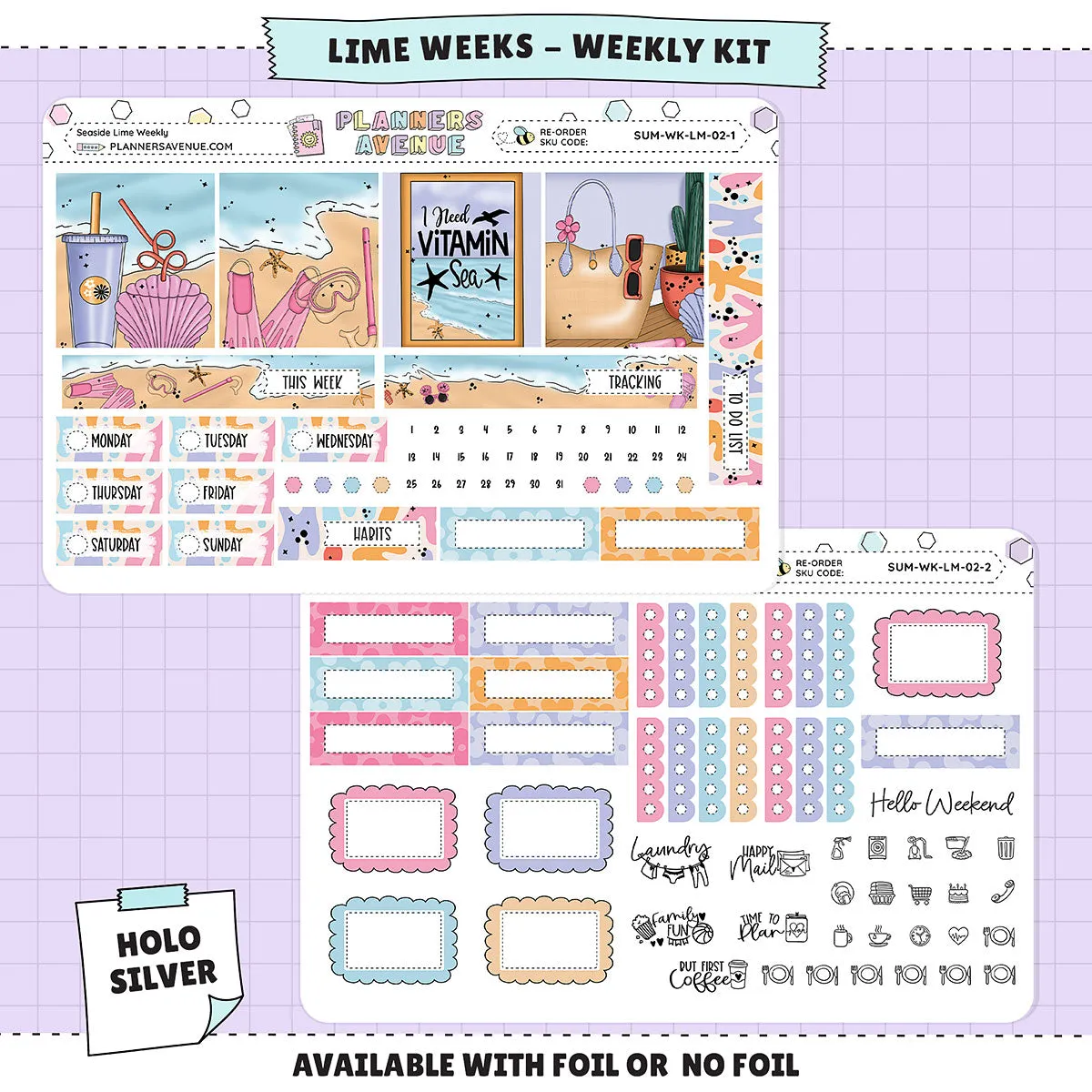 Seaside Lime Weekly Planner Sticker Foiled Kit (HOLO SILVER FOIL)